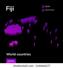 Fiji 3D map. Stylized neon isometric striped vector Map of Fiji is in violet and pink colors on black background. Educational banner.