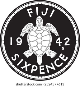 Fiji 6 pence coin with turtle 1942, vector design handmade silhouette.