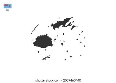 Fiji black shadow map isolated on white background with Fiji icon flag on the left corner.