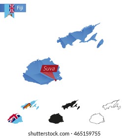 Fiji blue Low Poly map with capital Suva, four versions of map. Vector Illustration.