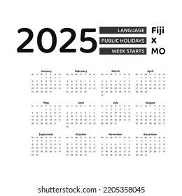 Fiji Calendar 2025 Week Starts Monday Stock Vector (Royalty Free