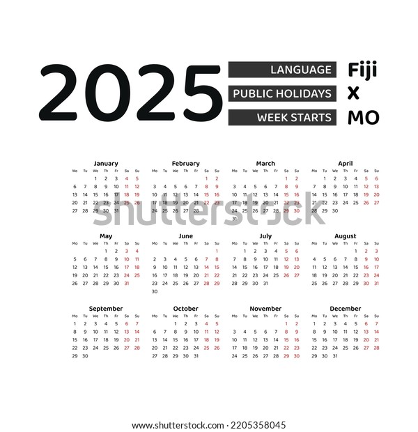 Fiji Calendar 2025 Week Starts Monday Stock Vector (Royalty Free