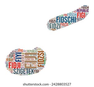 Nube de palabras en forma de país de Fiji. Ilustración de país estilo tipográfico. Imagen de Fiji en estilo nube de texto. Ilustración vectorial.