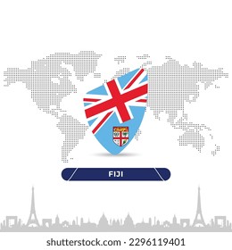 Fiji Creative Rugby BallBadge in flag design on France landmarks background for a sports tournament, this vector for sports match template or banner in vector illustration. Fully editable EPS.