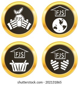 Fiji currency symbol Fijian dollar representing money of the nation. White vector illustration of shopping basket. pictograph of globe, hand showing the growth of currency on golden web button icon. 