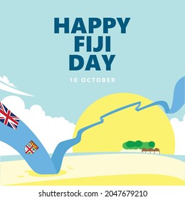 Fiji Day With Vector Illustration With A Long National Flag Within The Tropical Island. Oceanian Country Public Holiday.