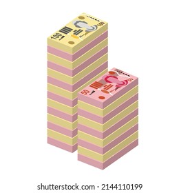 Ilustración del vector del dólar de Fiji. Dinero de Fiyi set billetes de paquete. Dinero en papel 50, 100 FJD. Estilo plano. Aislado sobre fondo blanco. Diseño sencillo y mínimo.