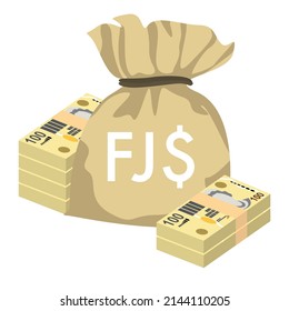 Fiji Dollar Vector Illustration. Fiji money set bundle banknotes. Money bag 100 FJD. Flat style. Isolated on white background. Simple minimal design.