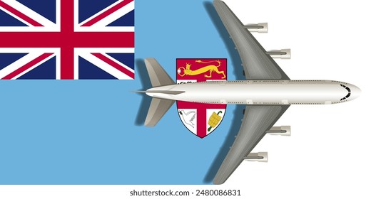 Fiji flag with an airplane flying over it close up. Vector image.