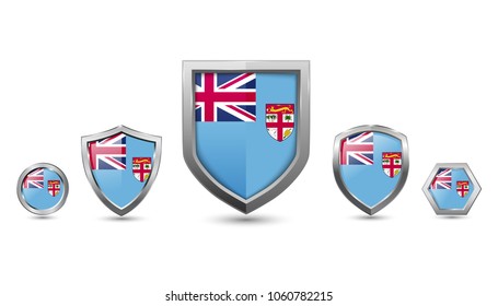 Fiji flag badges - silver shape shield circle hexagon - vector illustration