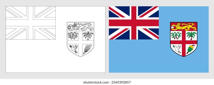 Fiji flag - coloring page. Set of white wireframe thin black outline flag and original colored flag.