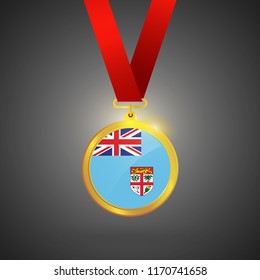 Fiji Flag in gold Medal, Golden Badge, Sport Game Golden Challenge Award. Vector Illustration.
