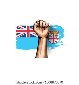 Fiji flag and hand on white background. Vector illustration