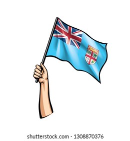 Fiji flag and hand on white background. Vector illustration