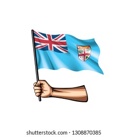 Fiji flag and hand on white background. Vector illustration