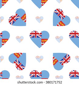 Fiji flag heart seamless pattern. Patriotic Fiji flag background. Country flag in the shape of heart. Vector seamless pattern.