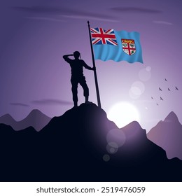 Fiji Flag hoisted on a mountain peak with a purplish sunset in the background, vector illustration