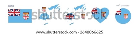 FIJI flag and map set. FIJI flag in official colors and proportions. independence day 10 OCTOBER, map, circle and heart shaped FIJI	