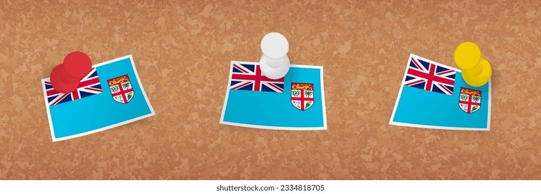 Bandera de Fiyi clavada en una pizarra de corcho, tres versiones de la bandera de Fiyi. Pantalones vectores y conjunto de indicadores.