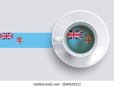 Fiji flag with a tasty coffee cup on top view and a gradient background. Hot beverage with Fiji flag, vector illustration. 
