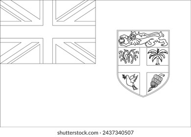 Fiji flag - thin black vector outline wireframe isolated on white background. Ready for colouring.