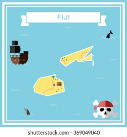 Fiji flat treasure map. Colorful cartoon treasure map of Fiji with flat icons of pirate ship, jolly roger, treasure chest and banner ribbon. Flat design vector illustration.
