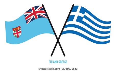 Fiji and Greece Flags Crossed And Waving Flat Style. Official Proportion. Correct Colors.