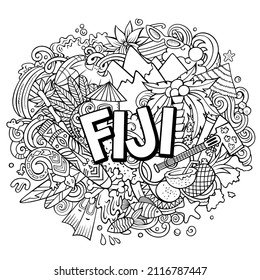 Fiji hand drawn cartoon doodles illustration. Funny travel design. Creative art vector background. Handwritten text with exotic island elements and objects.