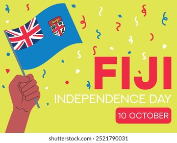 dia da independência das fiji, 10 de outubro, bandeira das fiji em mãos. Cartão comemorativo, cartaz, modelo de banner	