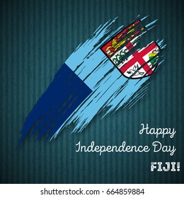 Fiji Independence Day Patriotic Design. Expressive Brush Stroke in National Flag Colors on dark striped background. Happy Independence Day Fiji Vector Greeting Card.