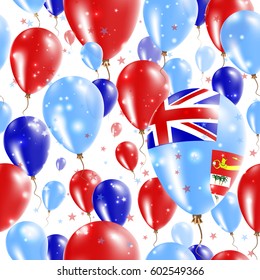 Fiji Independence Day Seamless Pattern. Flying Rubber Balloons in Colors of the Fijian Flag. Happy Fiji Day Patriotic Card with Balloons, Stars and Sparkles.