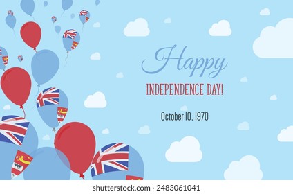 Fiji Independence Day Sparkling Patriotic Poster. Row of Balloons in Colors of the Fijian Flag. Greeting Card with National Flags, Blue Skyes and Clouds.