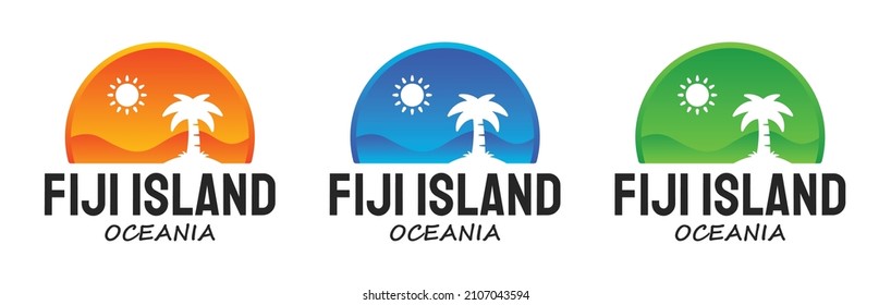 Vector de la isla de Fiji en Oceanía. Diseño del logotipo de vacaciones de verano de Sunset Beach Palm Tree