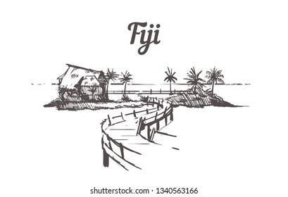 Fiji island sketch. Fiji palm beach  hand drawn vintage vector illustration. Isolated on white background.