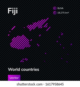 Fiji islands map. Vector creative digital neon flat line art abstract simple map with violet, purple, pink striped texture on black background. Educational banner, poster about Fiji