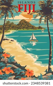 Fiji islands Travel poster vintage. Beach, palms, ocean, coast, tropical flora, sailboat. Resort retro style illustration vector