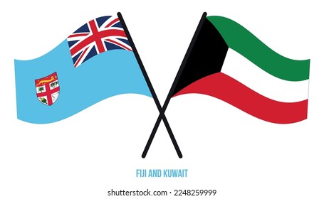 Fiji and Kuwait Flags Crossed And Waving Flat Style. Official Proportion. Correct Colors.