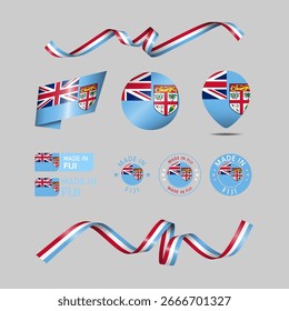 Fiji feito com logo. Conjunto de sinalizadores de design ícone de etiqueta, listras, fitas