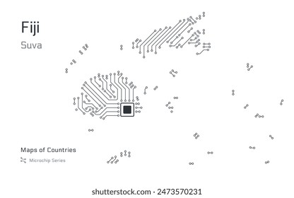 Fiyi Mapa con una capital de Suva Mostrado en un Patrón de Microchip con procesador. Gobierno electrónico. Mapas de Vector de Países Mundiales. Serie de microchips	