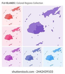 Colección de mapas de Fiyi. Forma de país con regiones de color. Paletas de colores Deep Purple, Red, Pink, Purple, Indigo, Blue. Frontera de Fiji con las provincias para su infografía. Ilustración vectorial.