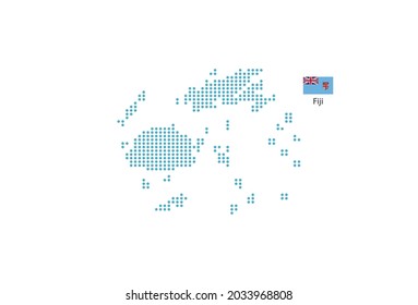 Mapa de Fiji diseñado círculo azul, fondo blanco con bandera de Fiji.