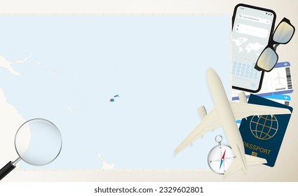 Mapa y bandera de Fiyi, avión de carga en el detallado mapa de Fiyi con bandera, pasaporte, lupa y avión. Plantilla de vectores.