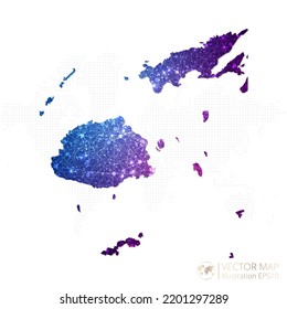 Mapa de Fiji en azul con alambre geométrico con gradiente de estilo poligonal púrpura sobre fondo blanco. Ilustración vectorial Eps10.