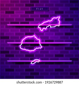 Fiji map glowing neon lamp sign. Realistic vector illustration. Country name plate. Purple brick wall, violet glow, metal holders.