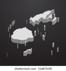 Fiji map in gray on a black background 3d