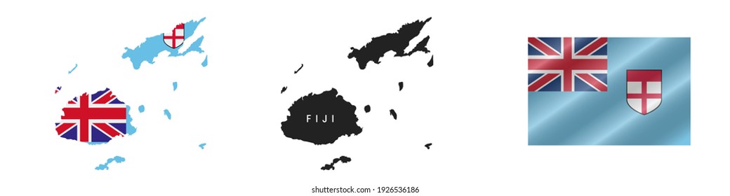 Fiji. Map with masked flag. Detailed silhouette. Waving flag. Vector illustration isolated on white.