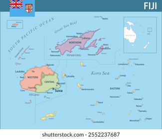 Fiji Map Vector New 2024 Colorful - Customizable layered political map of Fiji with administrative divisions for website, education, reports, news, politics, print, poster and wallpaper