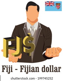 Fiji national currency Fijian dollar symbol representing money and Flag. Vector design concept of businessman in suit with his open hand over with currency isolated on white background in EPS10.