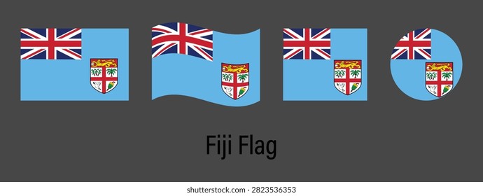 Fiji National Flag Set Collection with Rectangle, Waving, Square and Circle Shapes Isolated on Black Background Vector Illustration