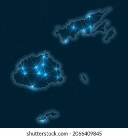 Fidschi-Netzwerkkarte. Abstrakte geometrische Karte des Landes. Digitale Verbindungen und Telekommunikationsdesign. Glühendes Internet-Netzwerk. Moderne Vektorgrafik.